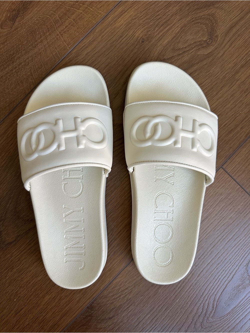 Jimmy Choo Ivory Embossed Logo Slide Sandals